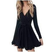IROINNID Reduced Long Sleeve Dress for Women Wedding Guest Dresses Mid-Length Wrap Dress Fall and Winter New Slim Trendy Dress V-neck Bubble Sleeve Pleated Skirt,Black